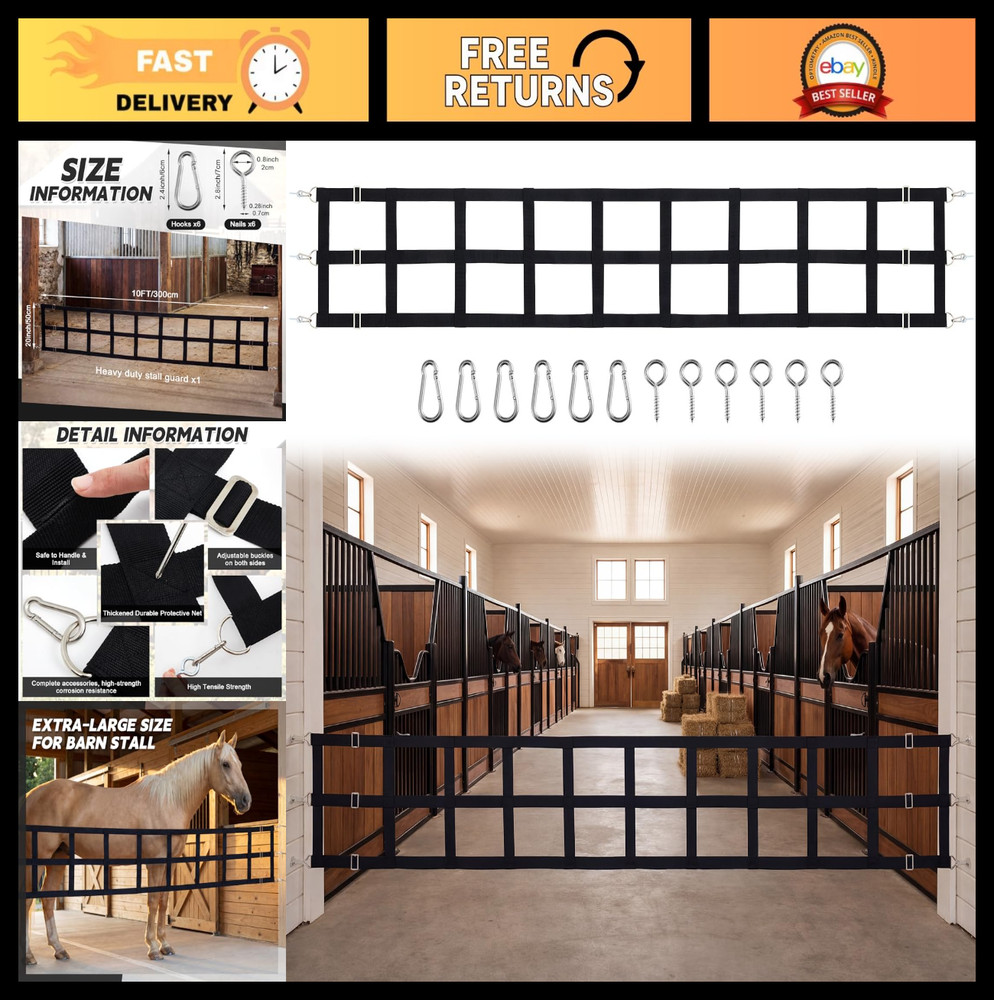 10' x 20'' Polyester Horse Stall Guard with Adjustable Straps & Hardware, Black