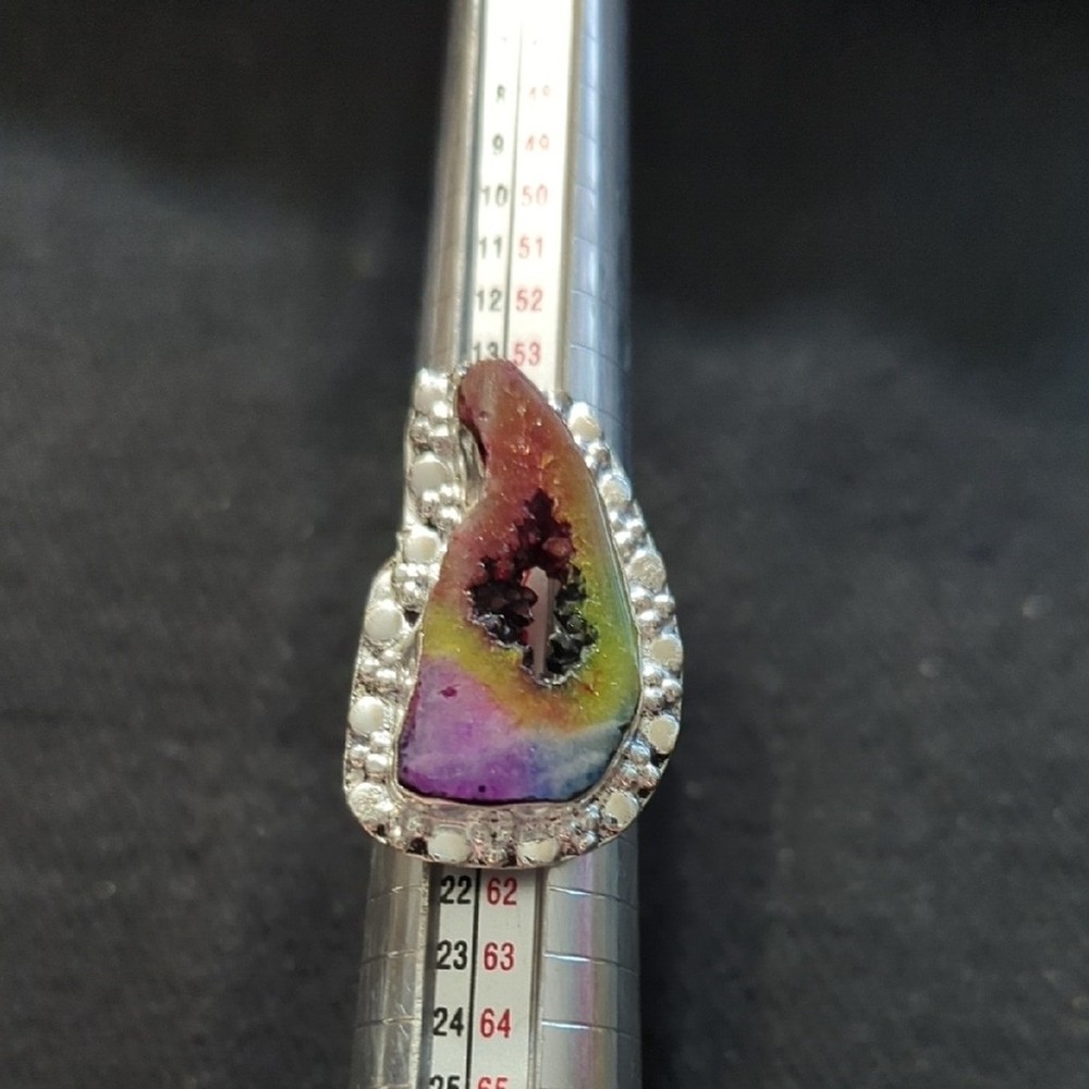 Silver Plated Rainbow Solar Quartz Druzy Gemstone Statement Ring - Size 8.5
