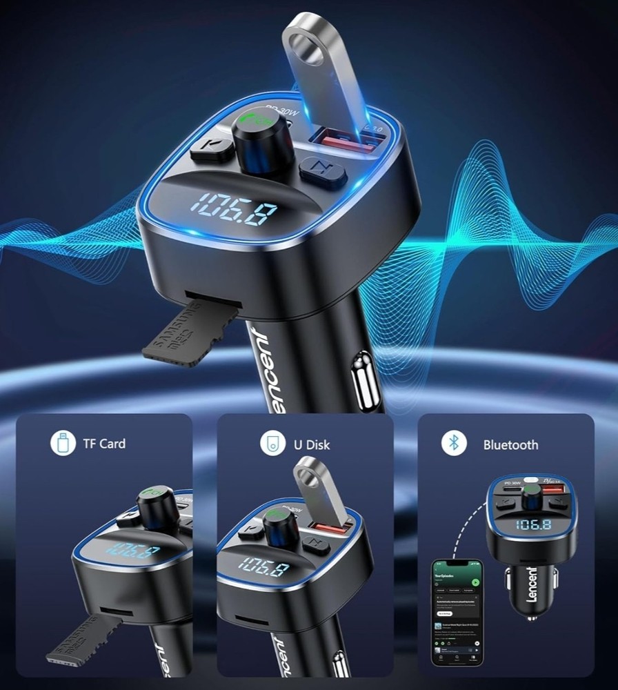 Bluetooth 5.4 FM Transmitter 48W PD30W Car Adapter Handsfree USB TF