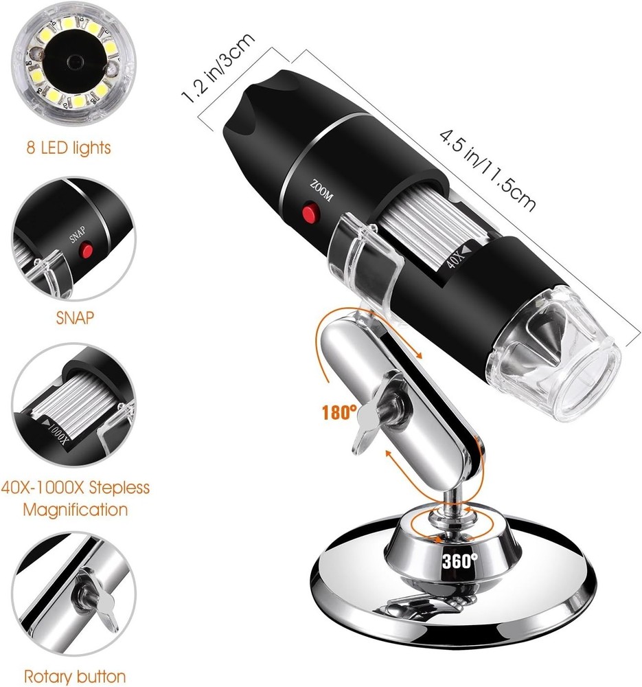 Compact USB Microscope 1.2"x1.2" for 40-1000X Magnification with Adjustable LED