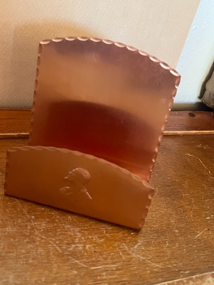 Vintage Small Solid Copper Letter Holder w Hammered Edge & Pondering Man Head –