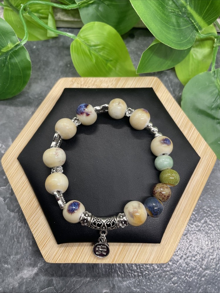 Handmade Ceramic Bead Beaded Stackable 6” Plus Stretch Bracelet New B229