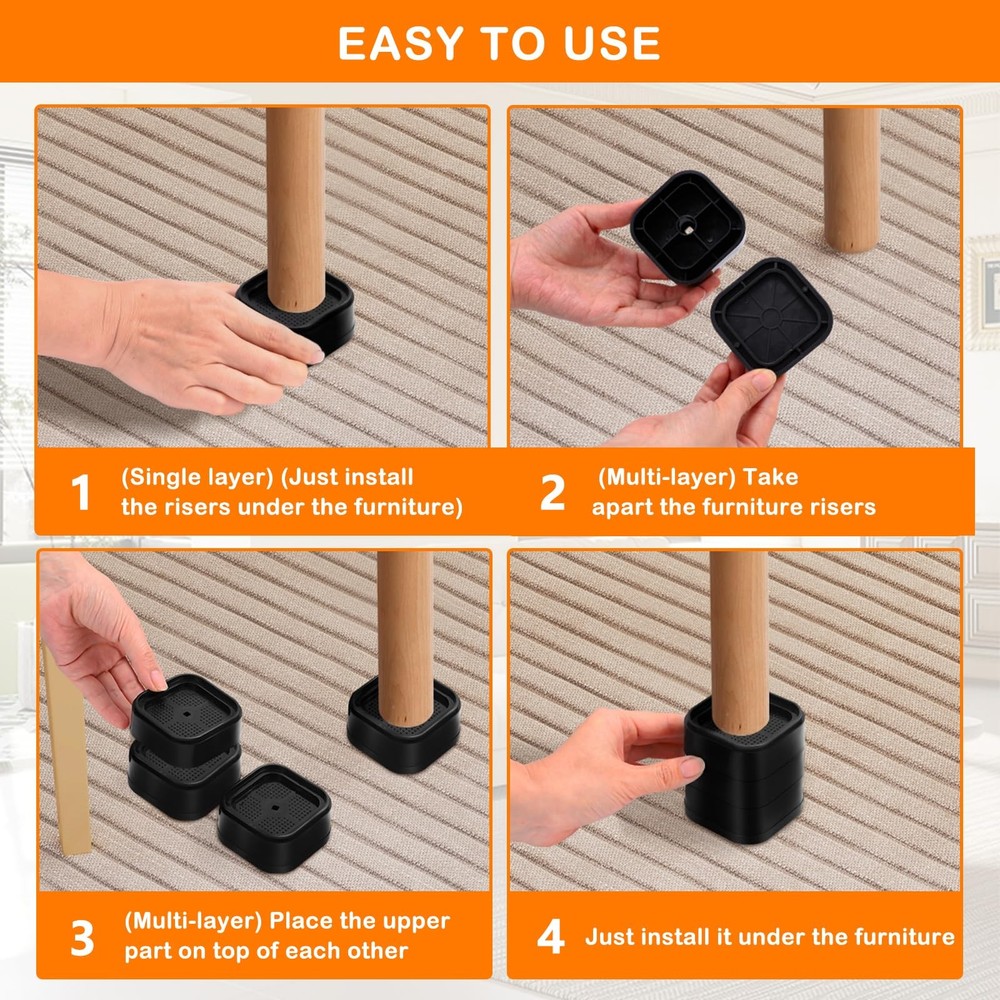 Furniture Risers Adjustable Heavy Duty 8 Pack 1", 2", 3" Black Stackable