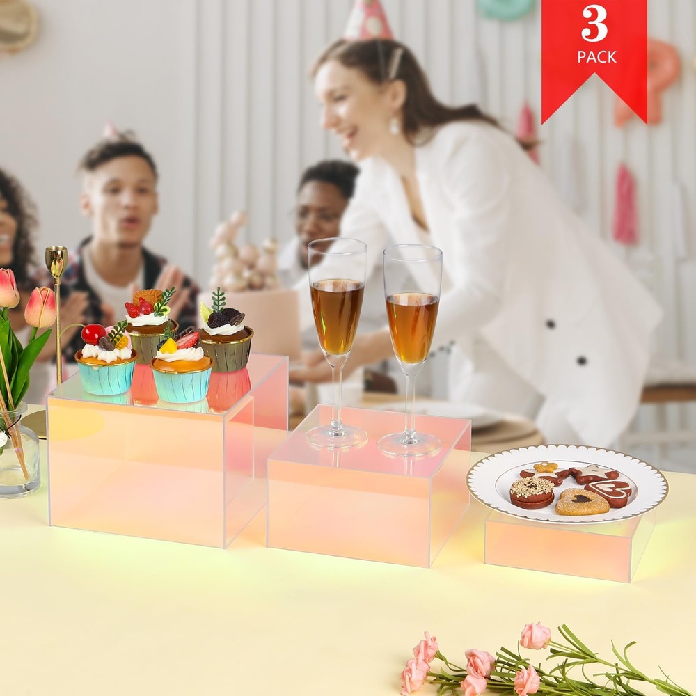 Iridescent Acrylic Cubes Display , 3pcs Stackable Risers Display Stands, Rain...