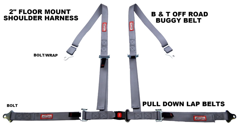 GREY 4 POINT SEAT BELT 2" HARNESS PULL DOWN LAP BELTS FLOOR MOUNT PUSH BUTTON