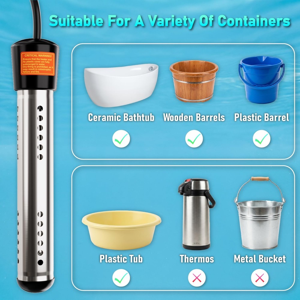 Immersion Water Heater Electric 2000W, Portable Submersible Water Heater with...