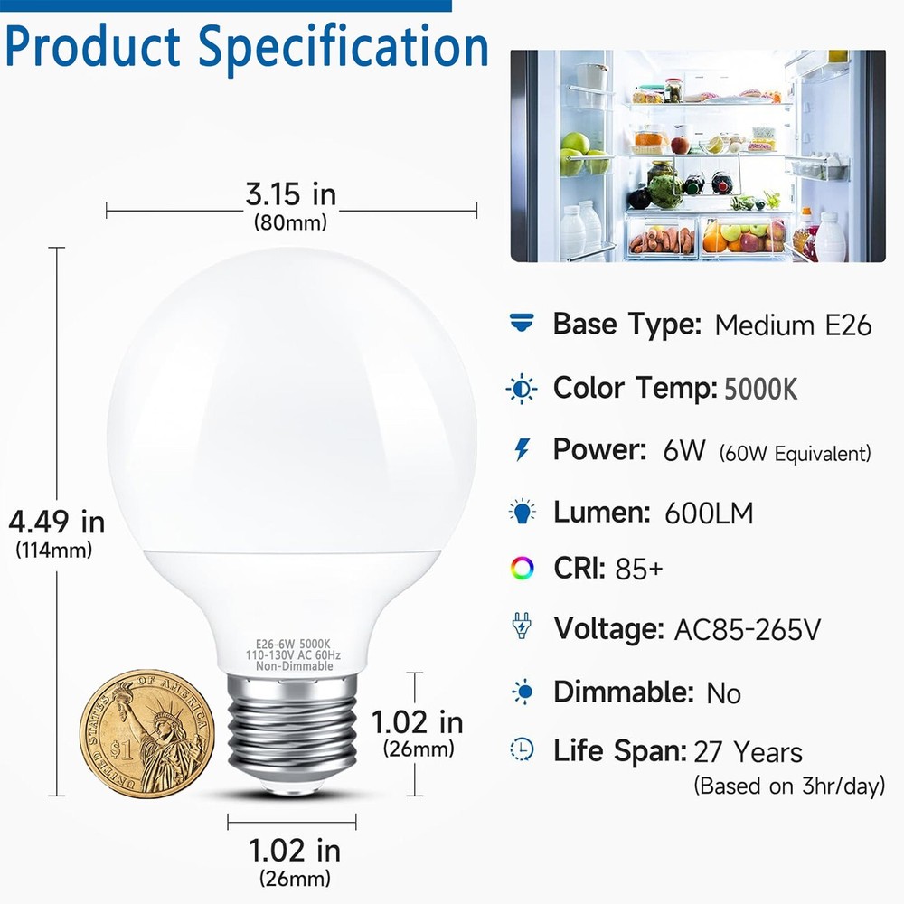 8-Pack G25 Non-dimmable LED Vanity Light Bulbs, 60W Equivalent, 5000K Daylight