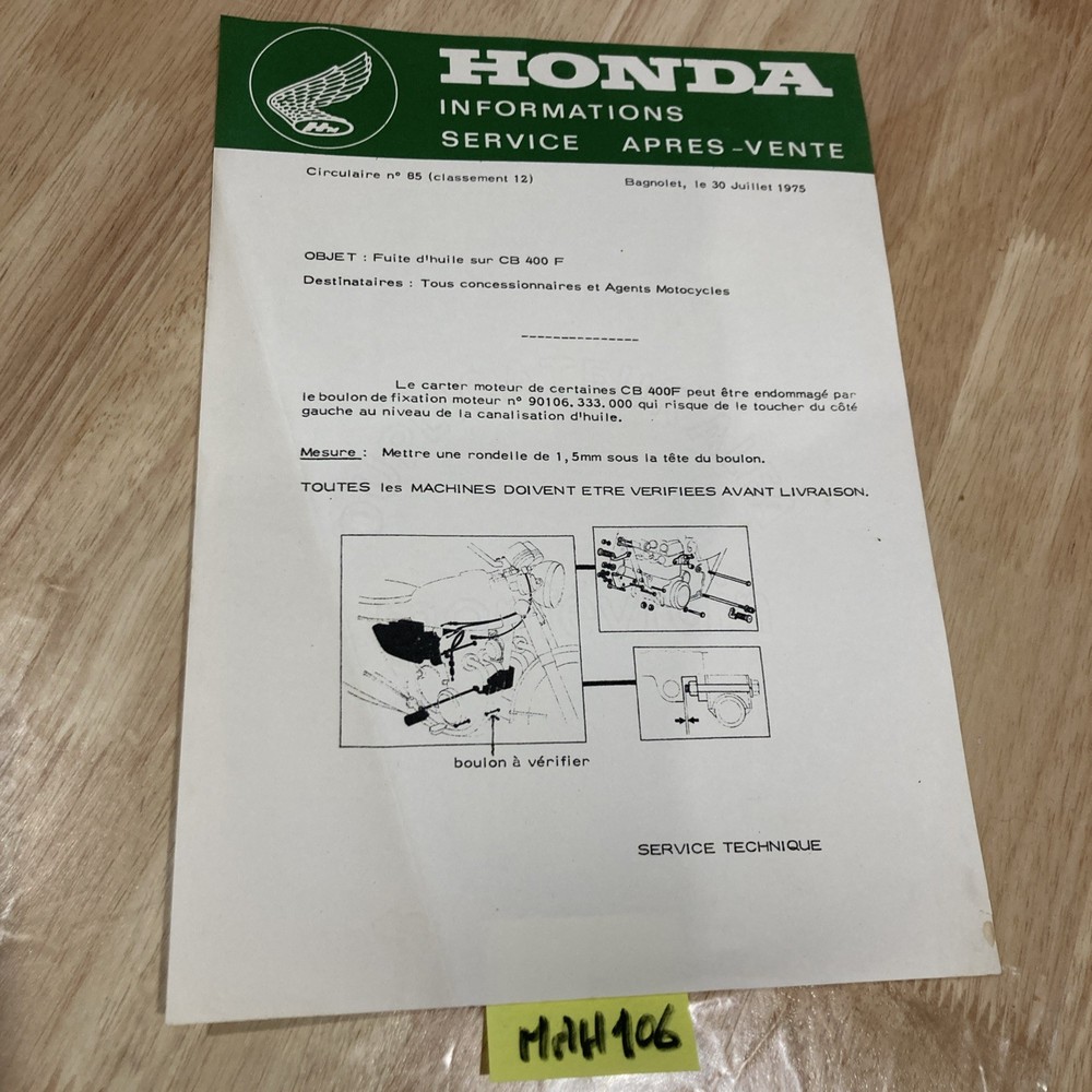 Honda Motorcycle 1975 CB400F Technical Note SAV Oil Leak Problem