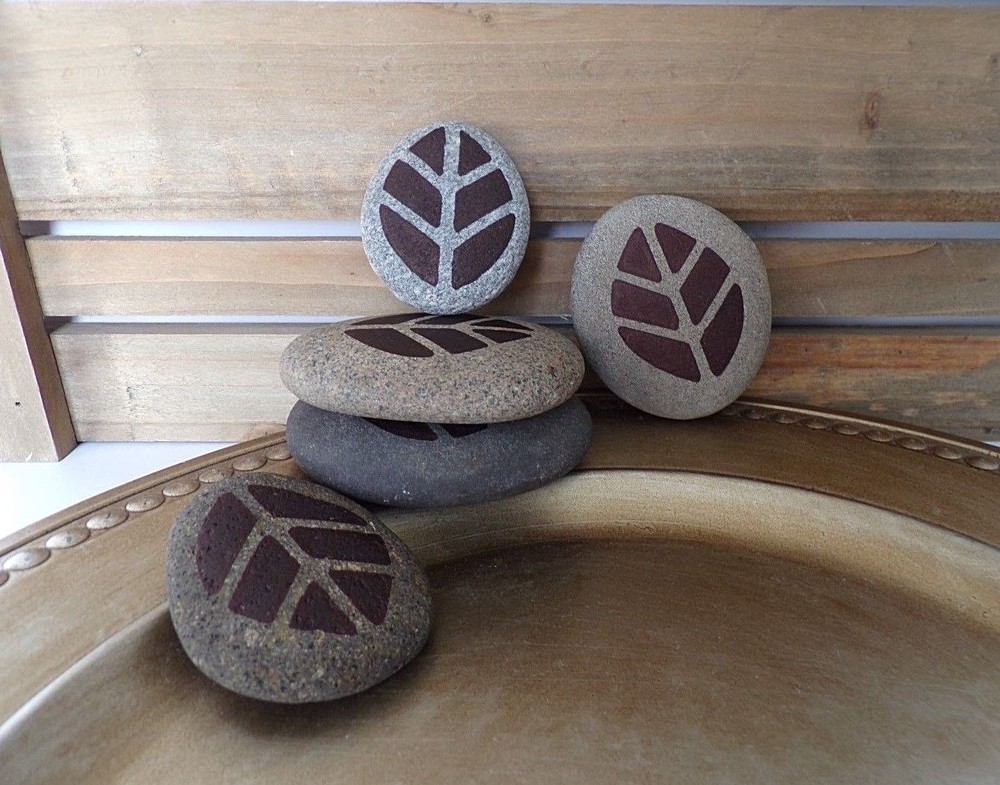 Stacking Rocks HAND PRINTED w LEAVES Stackable Natural Stacked Cairn Stones
