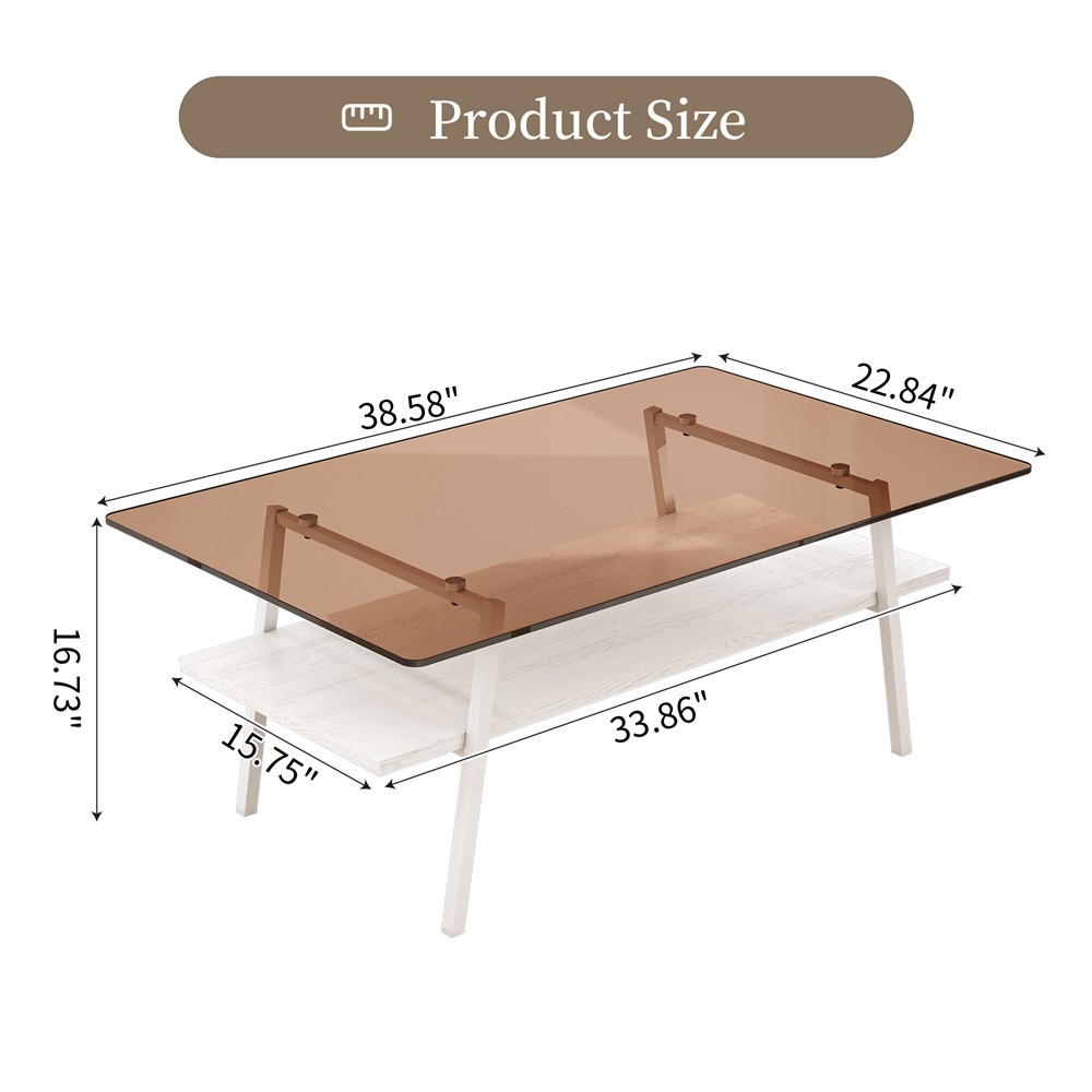 Brown Tempered Glass Rectangular Coffee Table Have Storage Shelf Function