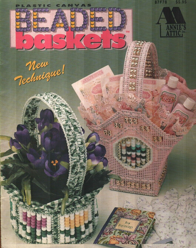 USED BEADED BASKETS 5 UNIQUE DESIGNS ANNIE'S PLASTIC CANVAS PATTERN BOOK