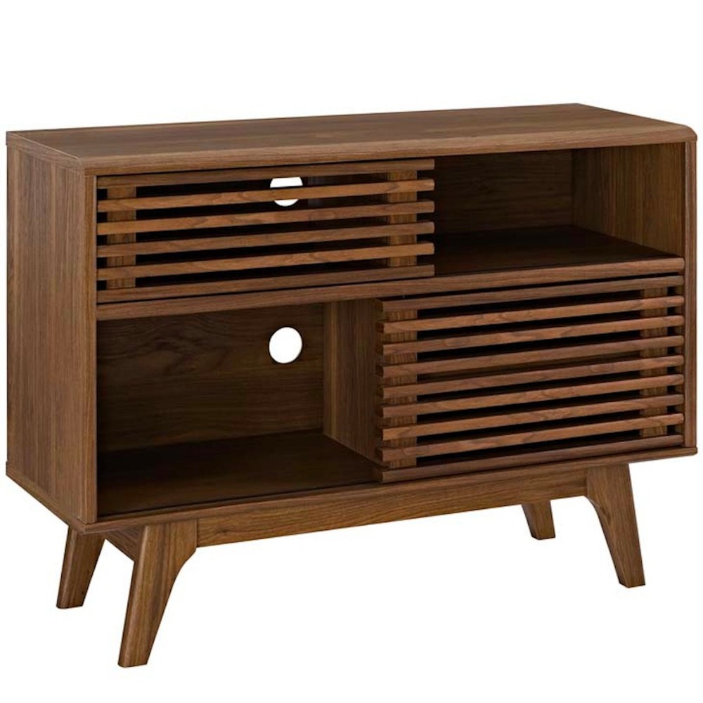 Mid Century Modern Slotted Display Stand Console Wall Media Walnut Storage
