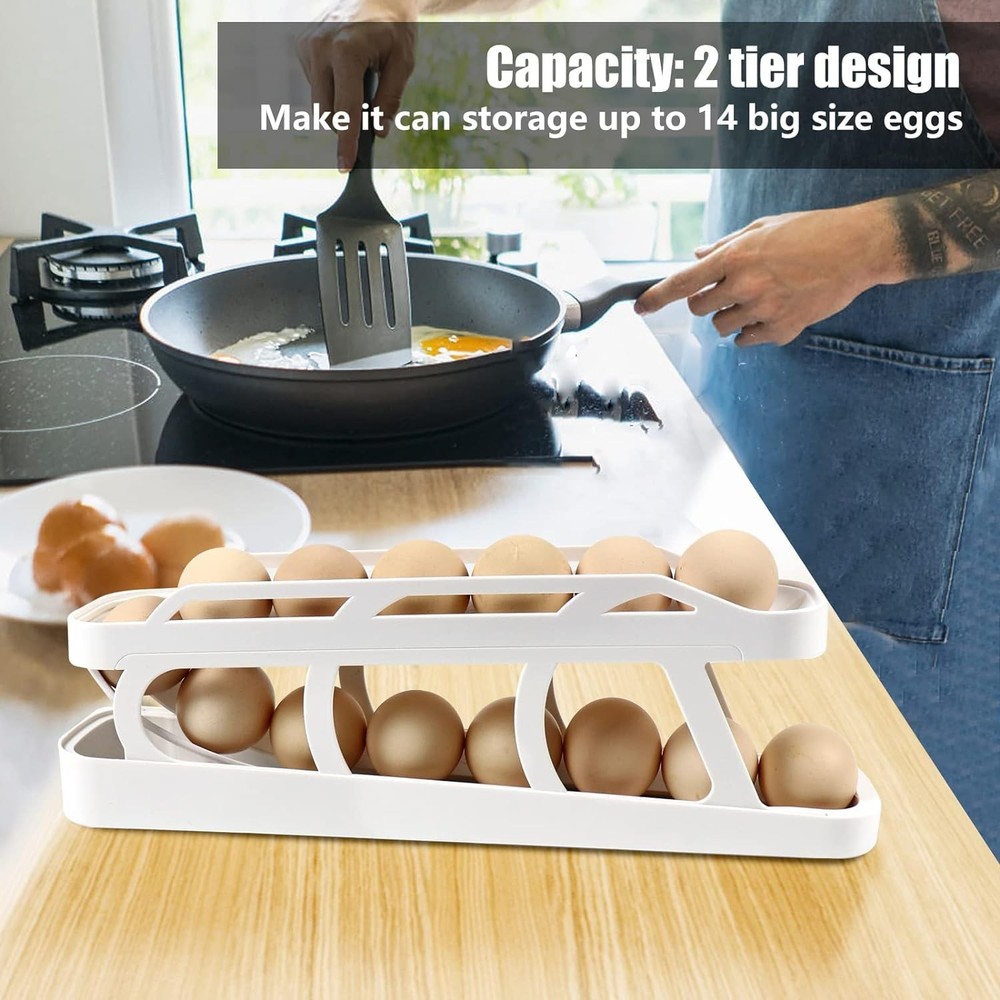Rolling Egg Dispenser For Refrigerator, Compact, holds 12-14 eggs, White
