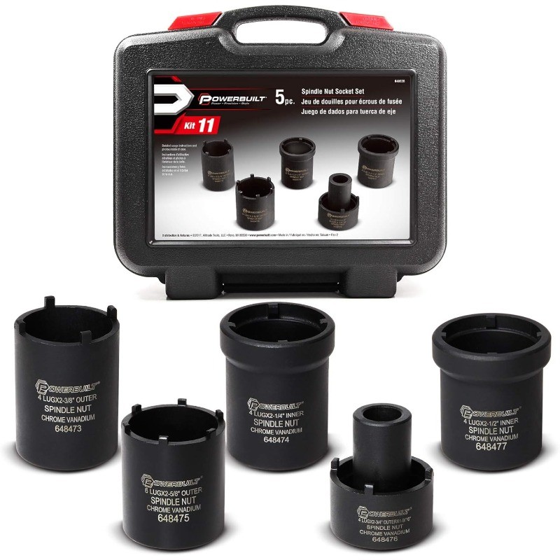 Spindle Nut Socket Tool Kit, 5 Piece, Remove Spindle Nuts Various Size Lug