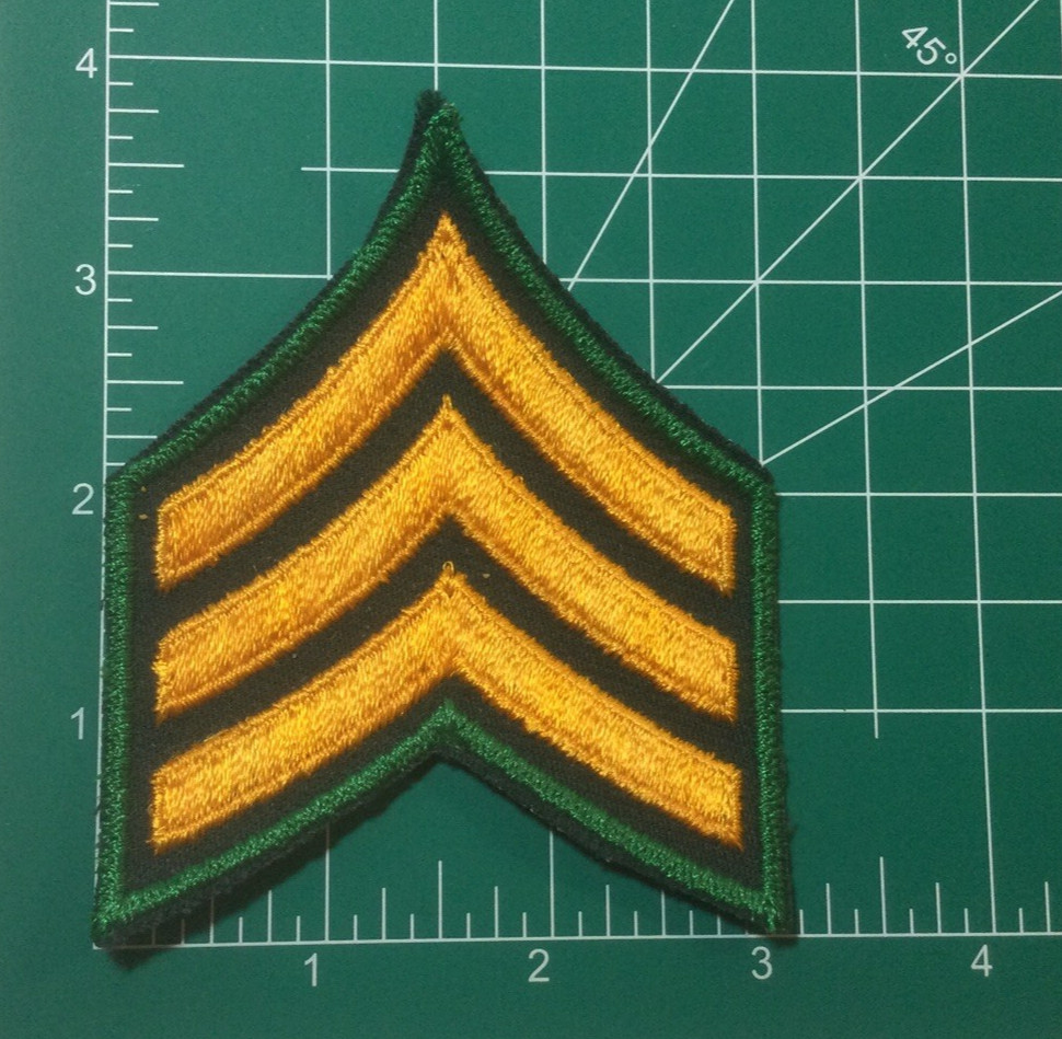 (2) Sergeant Chevron - 3 GOLD Stripes On BLACK Patch (Forest Green Border) OLD