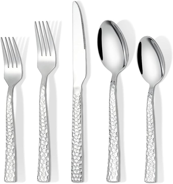 60 Piece Silverware Set for 12, Stainless Steel Hammered Flatware Set, Kitche...