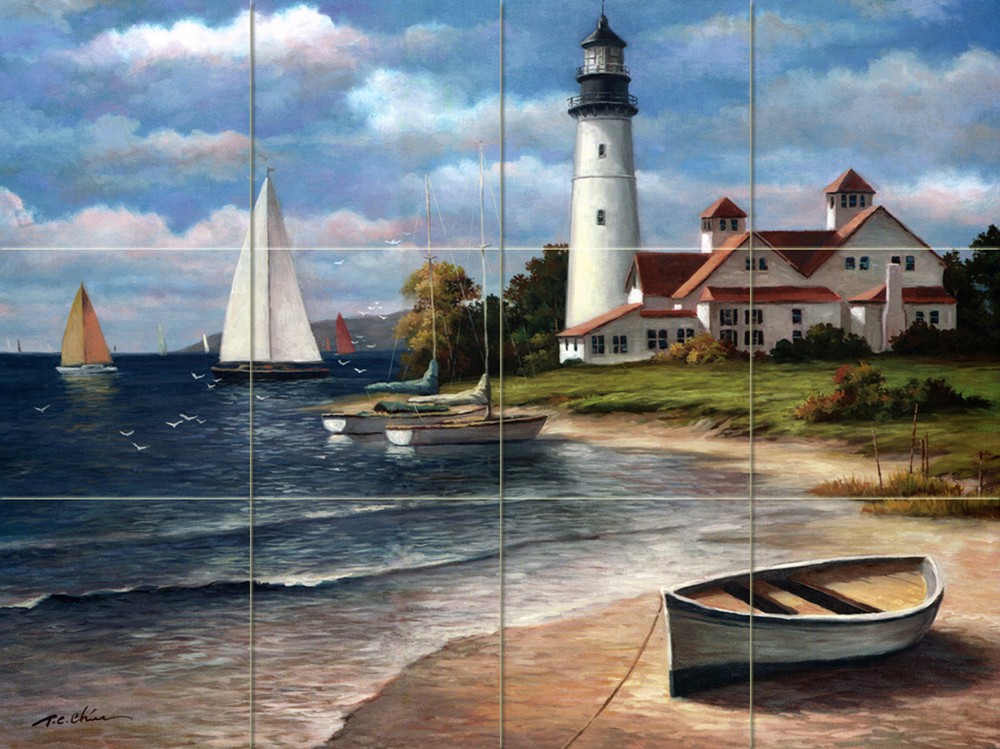 32 x 24 8 x 8 Lighthouse Ocean Mural Ceramic Backsplash Tile #643