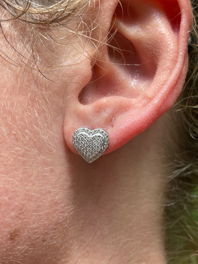 Solid 925 Sterling Silver Iced Heart Stud Earrings Moissanite Pass Diamond Test