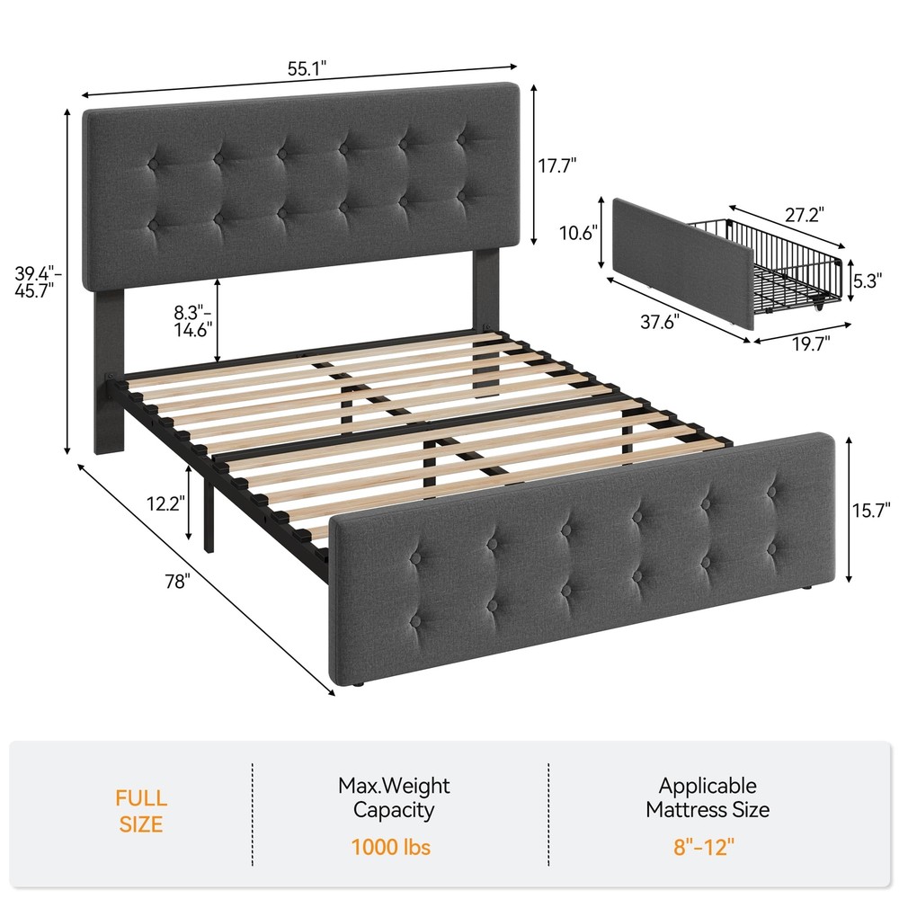 Full Size Bed Frame & Headboard Upholstered Platform w/4 Storage Drawers Modern