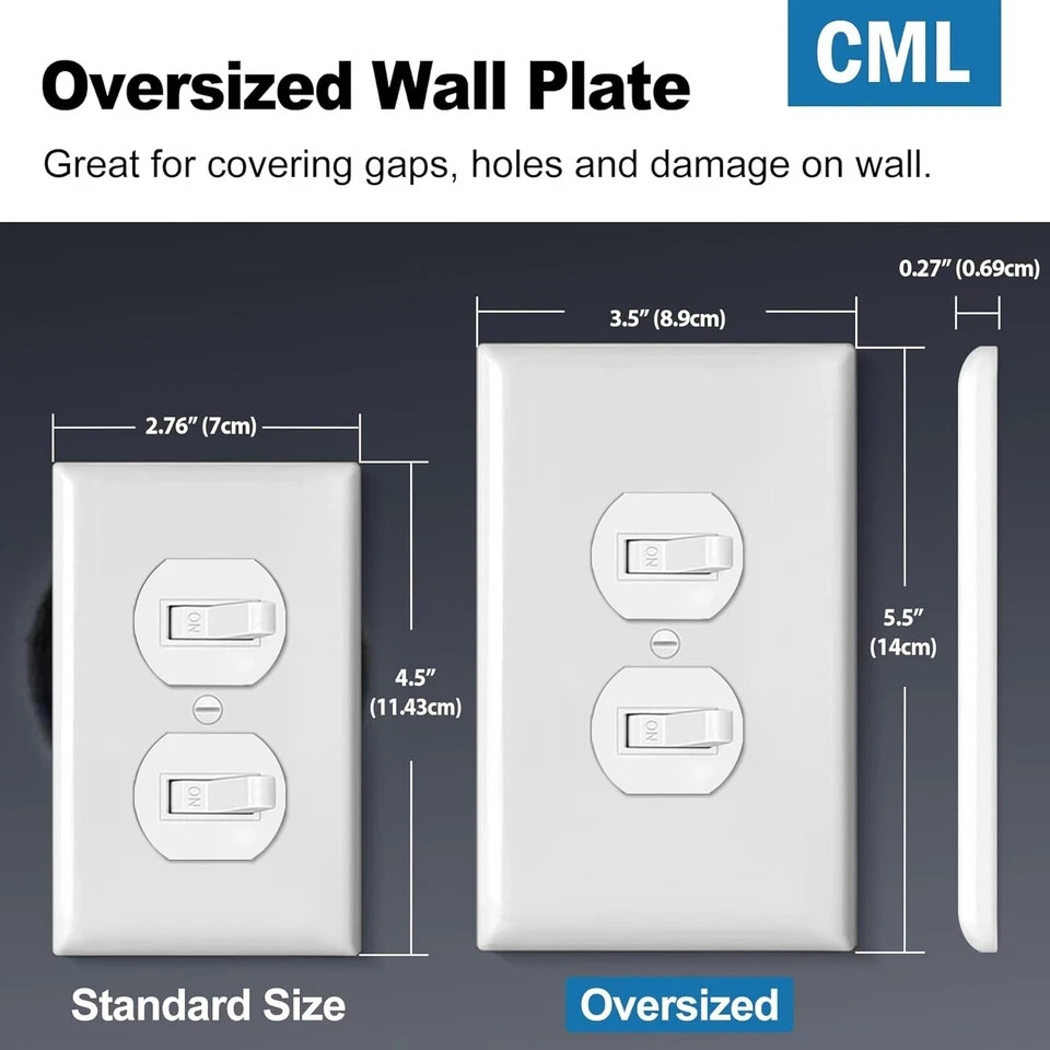 CML Oversized Duplex Outlet Covers, 6 Pack Over-Size Duplex, Gloss White