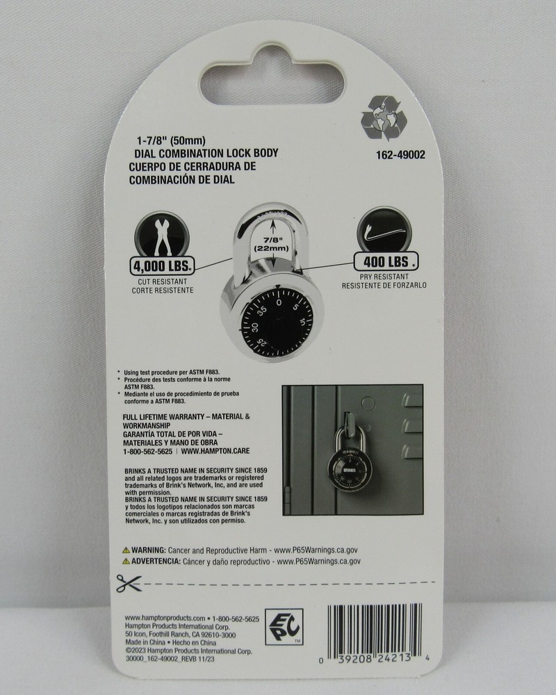 Brinks Padlock Standard Security 3 Dial Combination Lock #162-49002