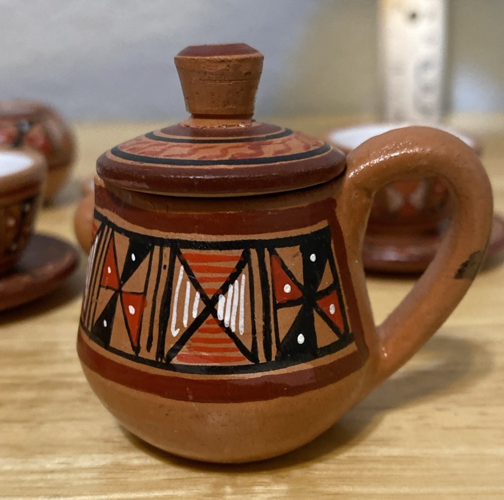 Cusco Peruvian 2” Miniature Clay Hand Decorated Glazed Tea Coffee Set 10 Pieces