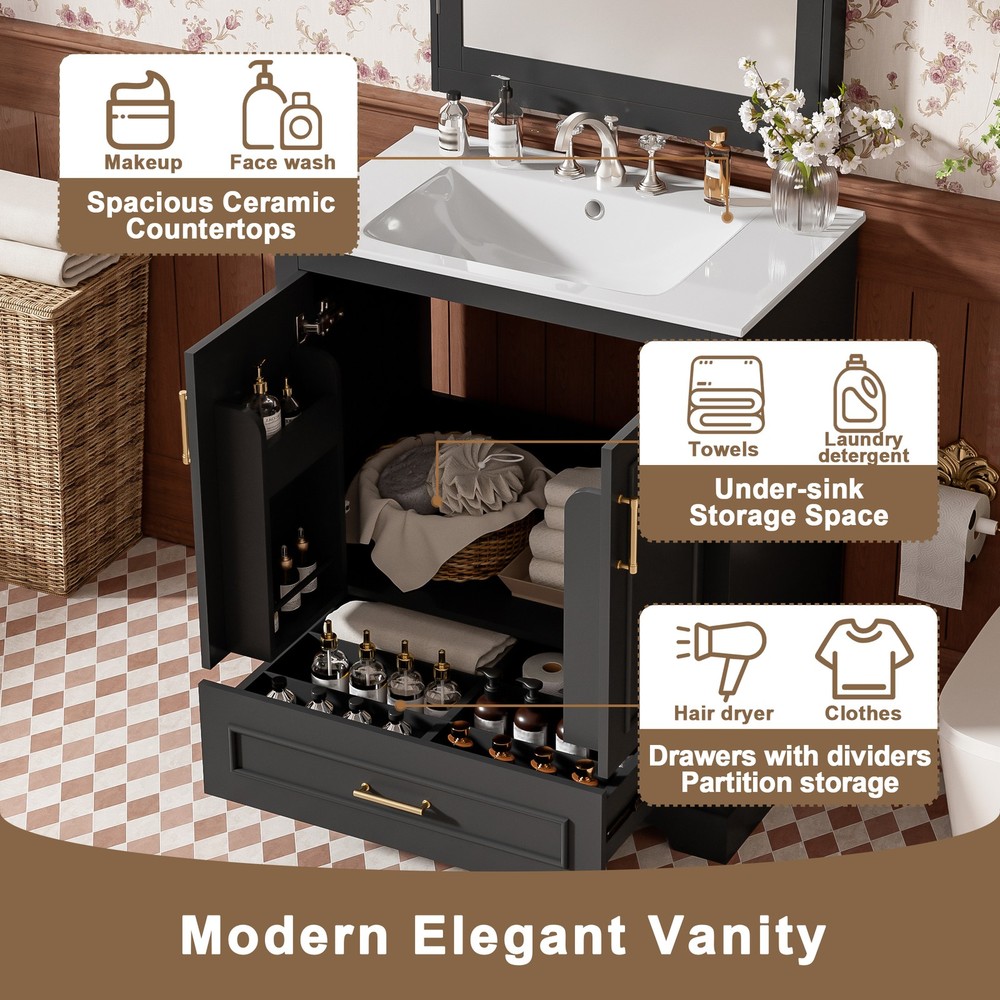 30" Bathroom Vanity w/ Sink, Black, Soft-Close Doors & Drawer, Solid Wood+MDF