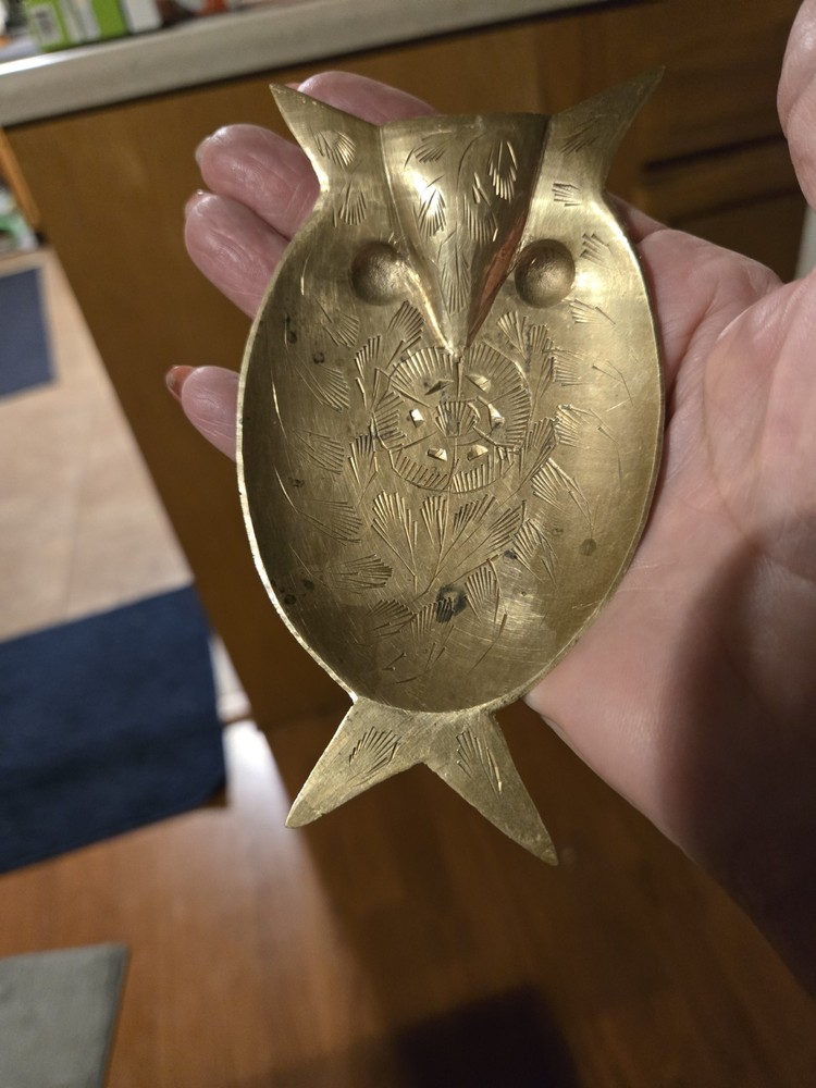 Vintage Solid Brass Owl Trinket Dish  Made In India
