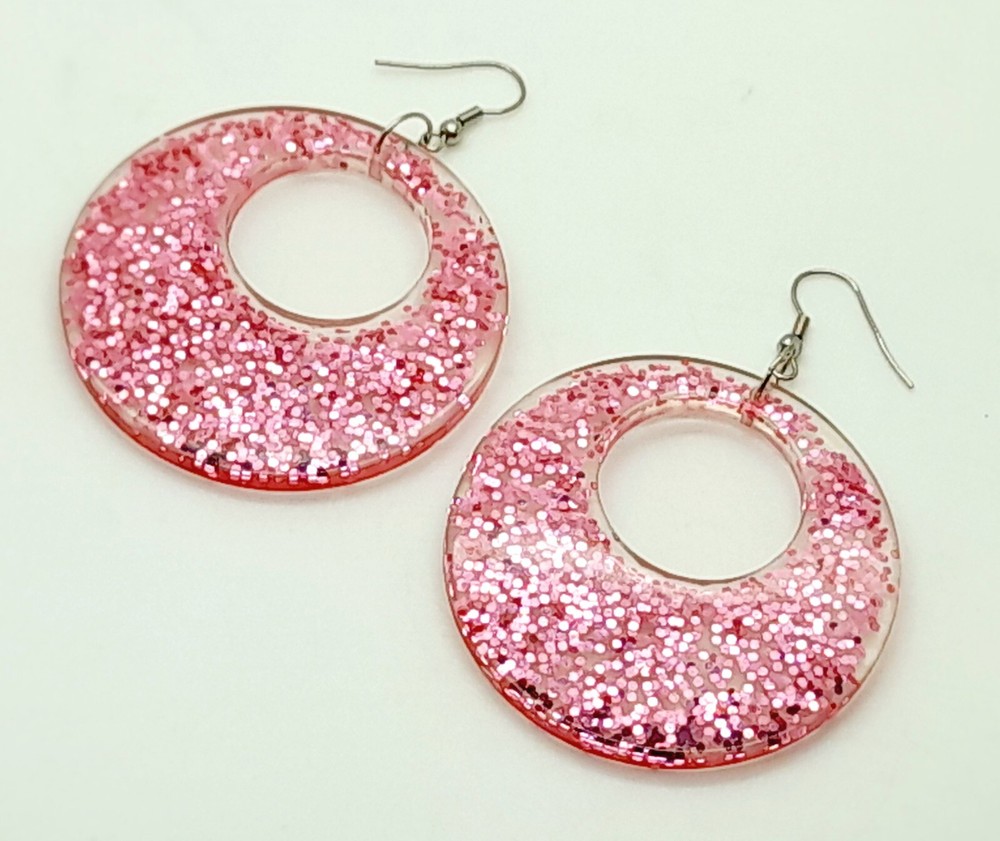 PINK round Acrylic Transparent Shape sparkle glue Elegant Dangle Drop Earrings