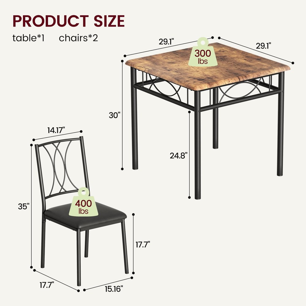 Garvee 3-Piece Wood Dining Table Set for 2, Compact Square Kitchen Table Set wit