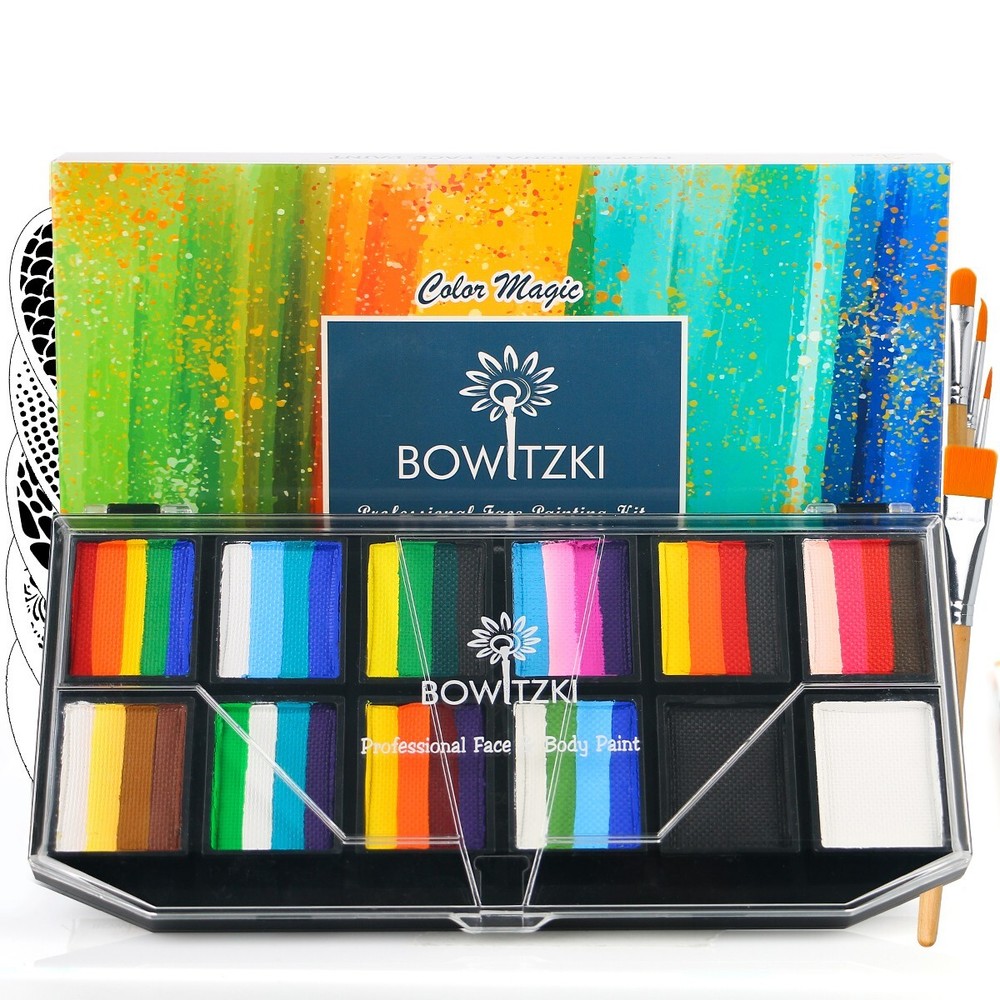Bowitzki Professional Split Cake Face Paint Kit with Sponges Stencils Brush Kit