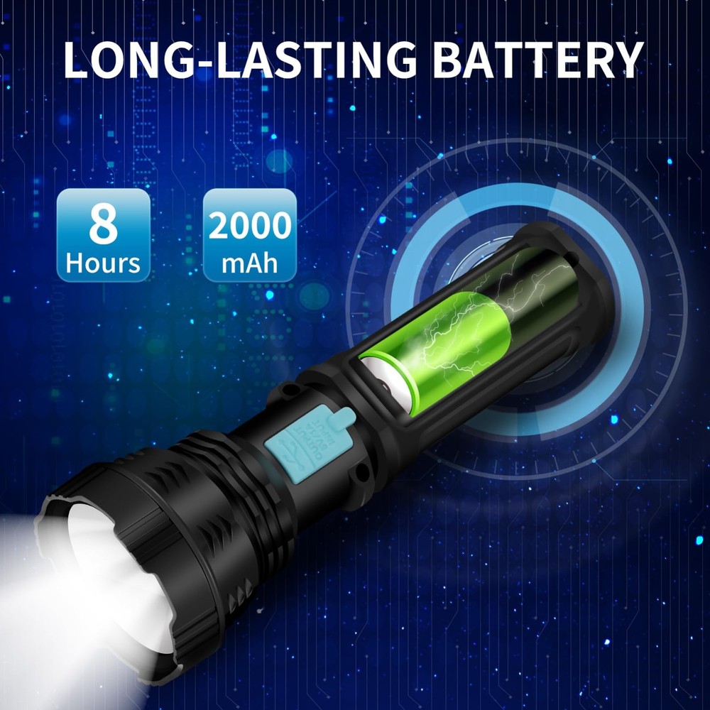 LED Solar Flashlight, 1500 Lumens Handheld Rechargeable Flashlights 2000mAh