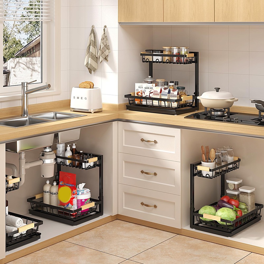 2 Packs Under Sink Organizer, Height Adjustable 2 Tier Under Kitchen Sink Org...