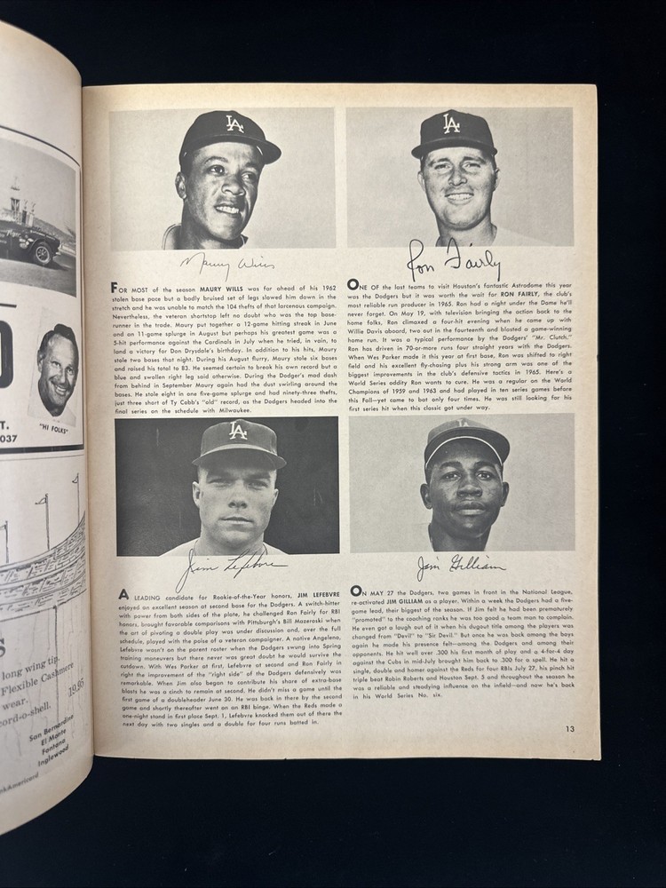 1965 LA Dodgers World Series Program vs Minnesota Twins - Unscored EX