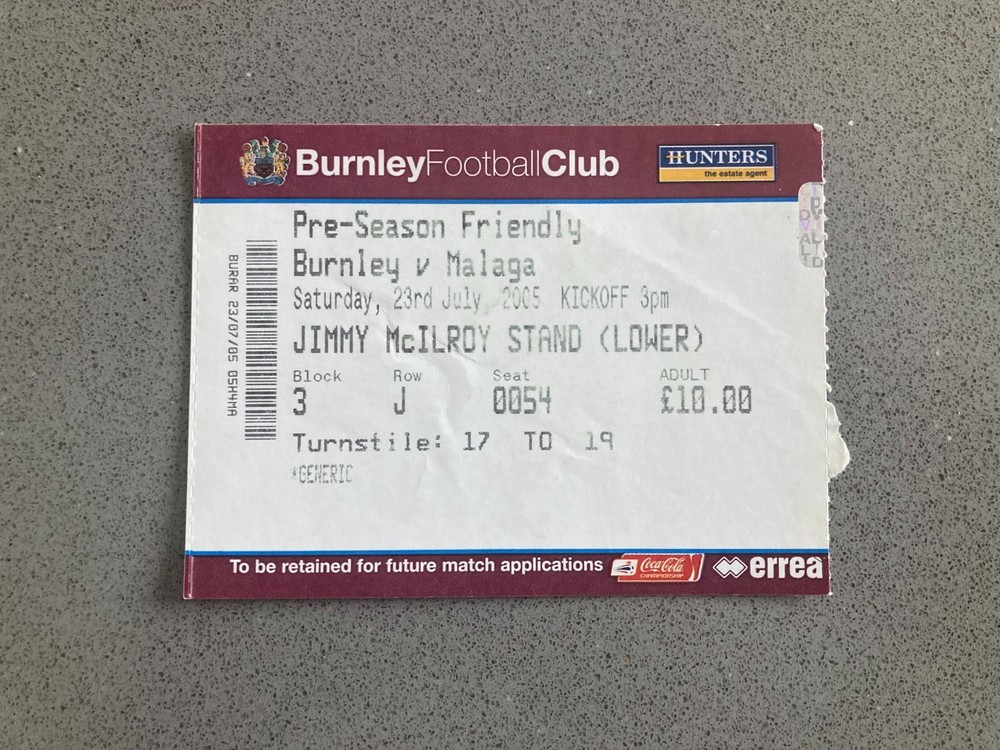 Burnley v Malaga 2005-06 Match Ticket