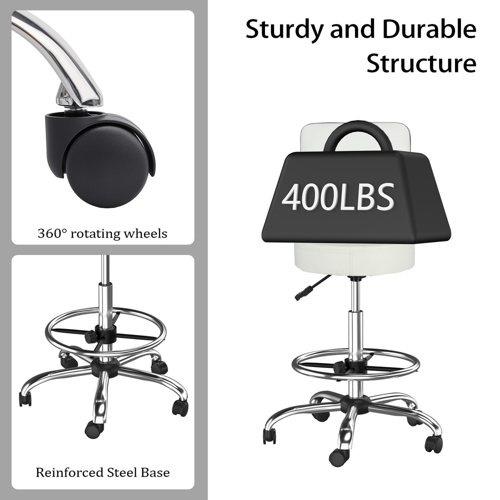 Rolling Garage Stool Adjustable Mechanic Work Shop Seat with Back Support White