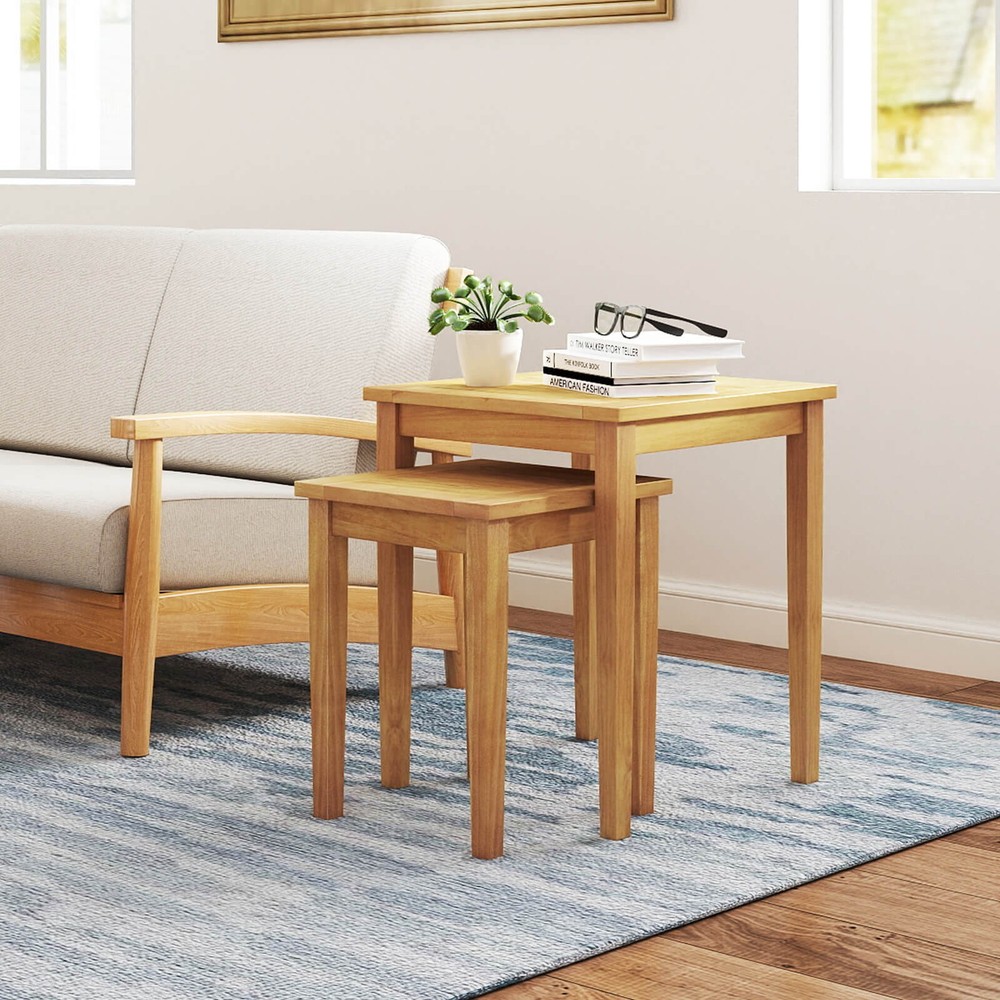 2 PCS Patio Nesting Table Teak Wood Outdoor Space Saving Design Square End Table