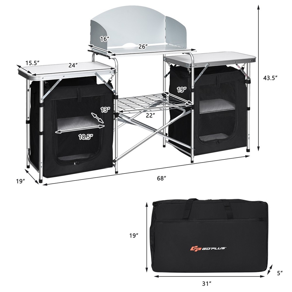 Folding Portable Aluminum Camping Grill Table w/ Storage Organizer Windscreen
