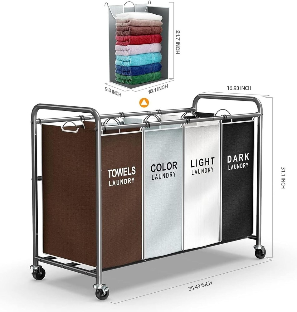 Versatile 4-Compartment Laundry Cart with Removable Bags for Easy Sorting - 180L