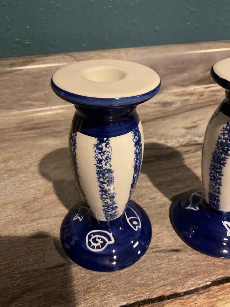 Wangs Candleholders blue and white fish design bottom 5-3/4 Long