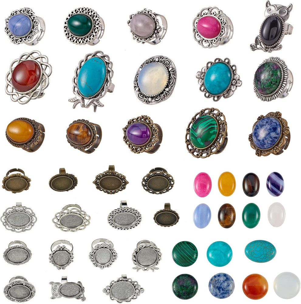 30 Piece Antique Ring Making Kit Adjustable Blank Floral Cabochon Ring Setting,