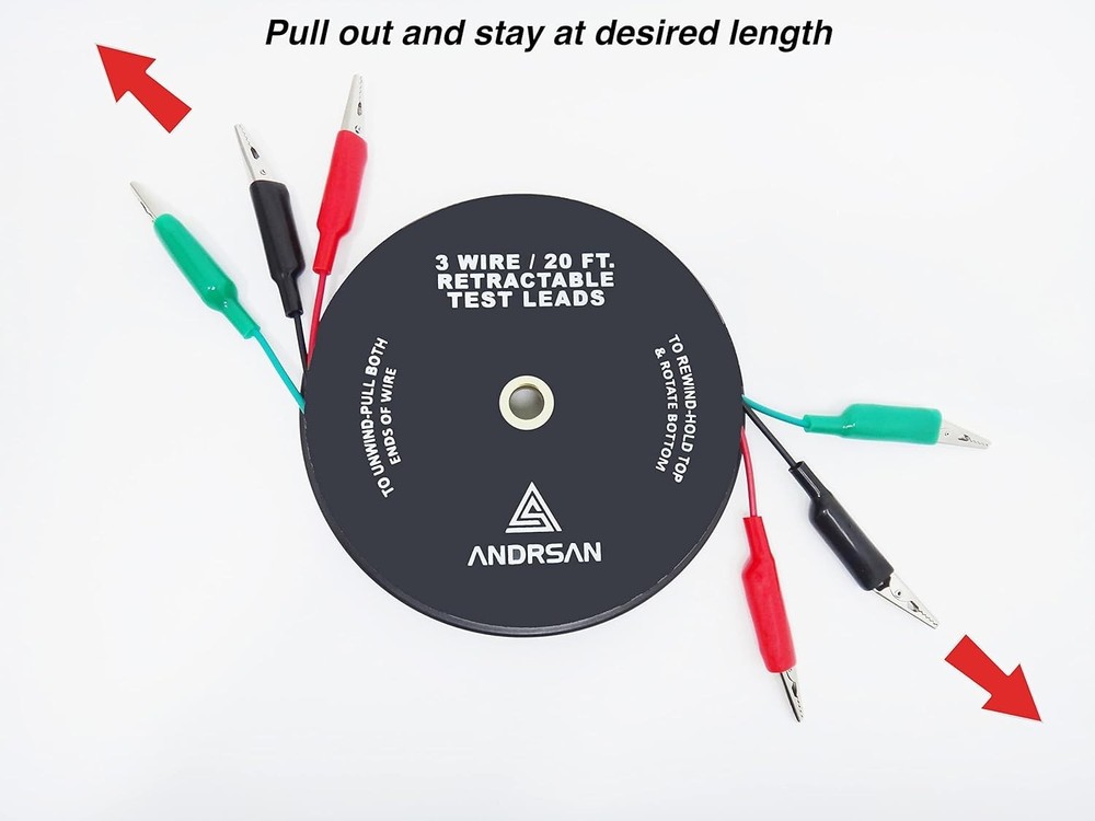 3 Wire 20 ft Retractable Leads with Clips for Electrical Testing