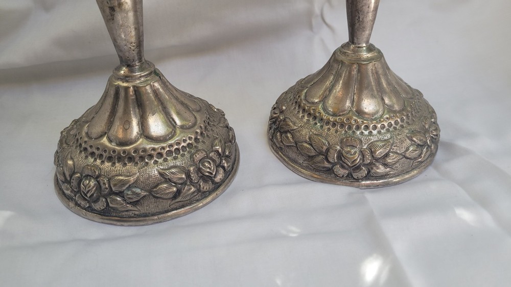 Two 13" Aztec Rose silver plated candlesticks rustic, heavy. unmarked
