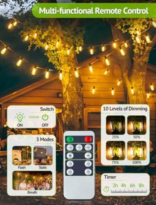 48FT Solar String Lights Outdoor with Remote, Waterproof Dimmable 1 Black