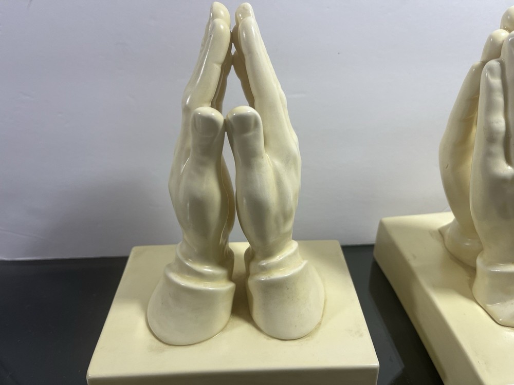 Pair Ceramic 8” Praying Hands Bookends Door Stoppers