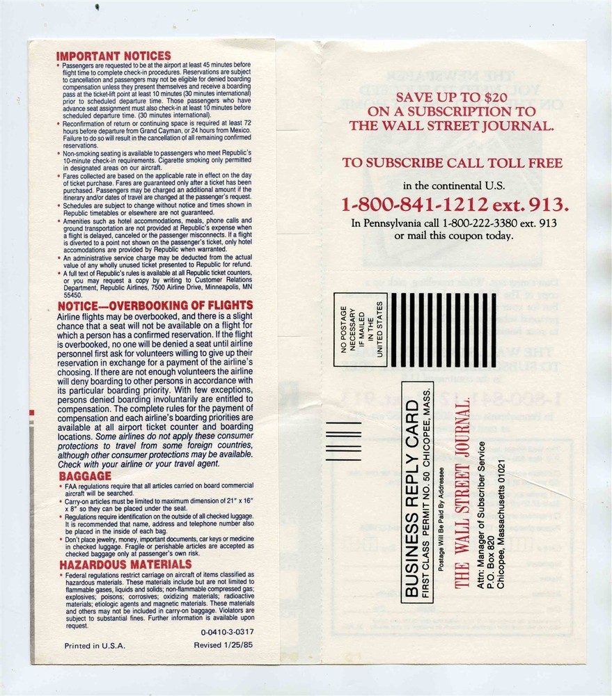 Republic Airlines Ticket Jacket / Boarding Pass 1985