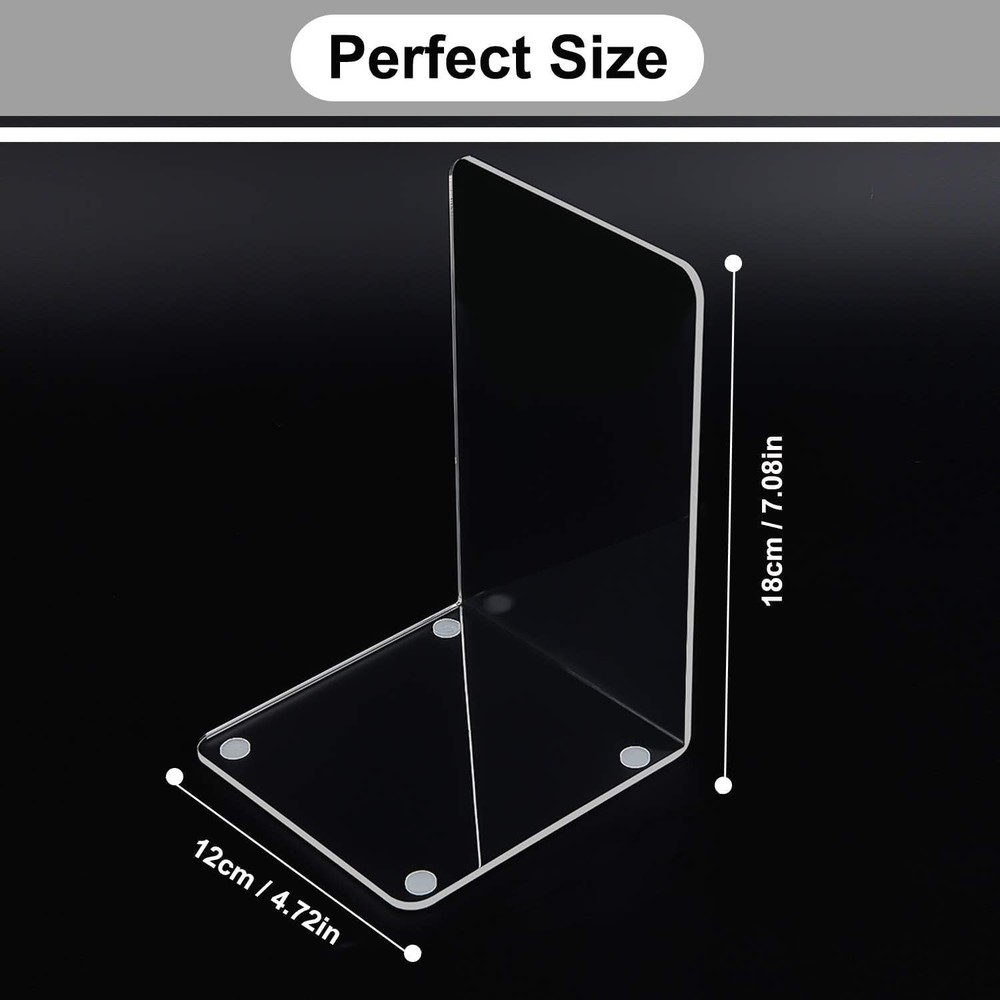 Clear Acrylic Bookends, 4-Pack for Organized Shelves