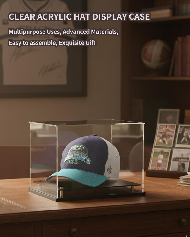 Clear Acrylic Hat Display Case Baseball Cap Helmet Stand Metal Base