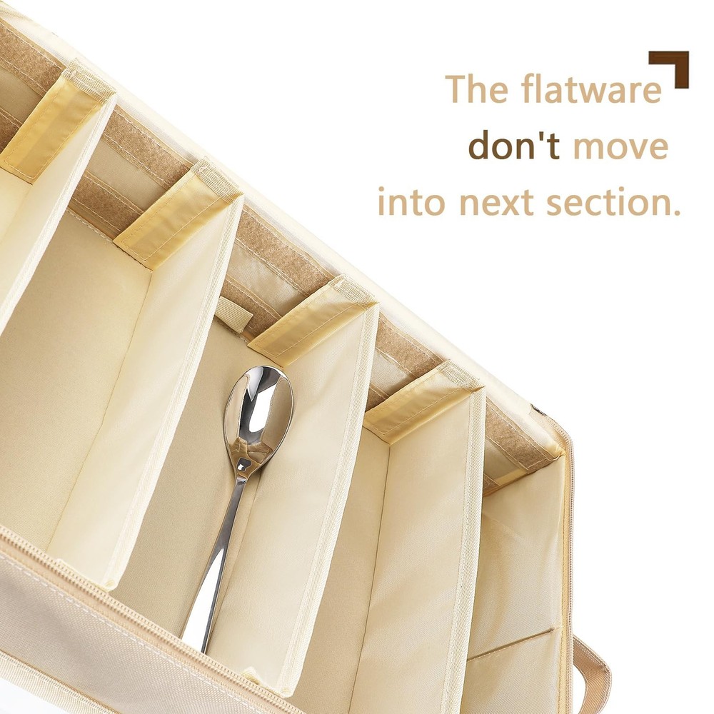 Flatware Utensil Storage Case, Beige Silverware Storage Box Chest with Adjust...