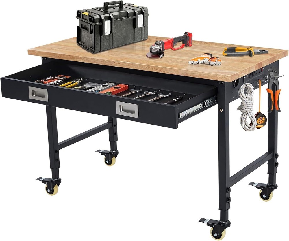 Adjustable Height Workbench 48" x 24", Solid Rubber Wood Top, Sturdy Metal Frame